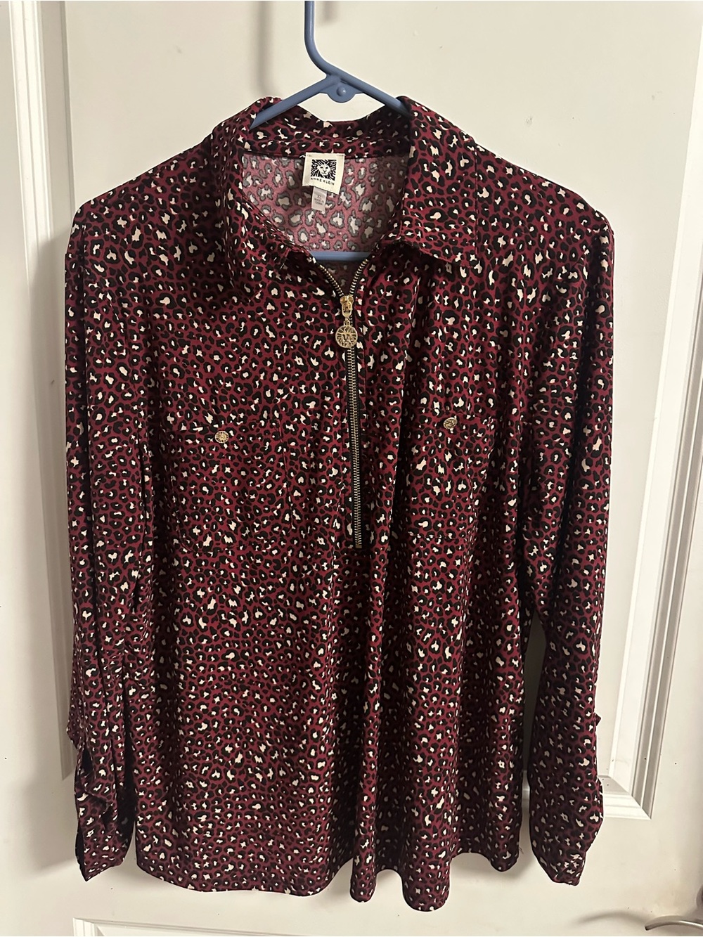 Anne Klein Burgundy Leopard Print Button-Front Shirt
